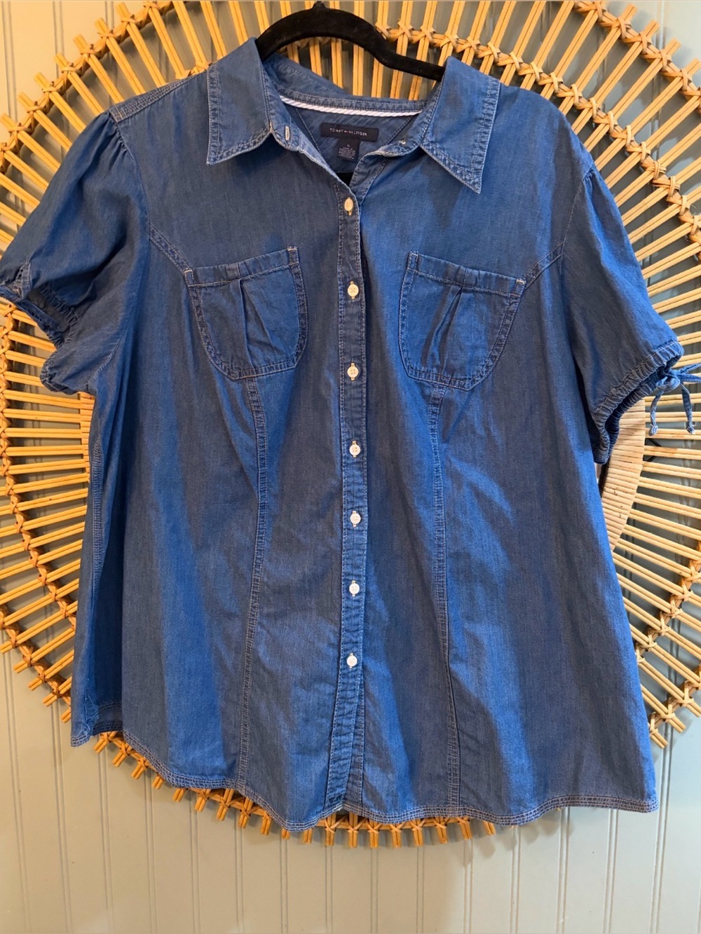 Tommy Hilfiger Short Sleeve Denim Puff Tie Shirt - Size 16 / XL EUC